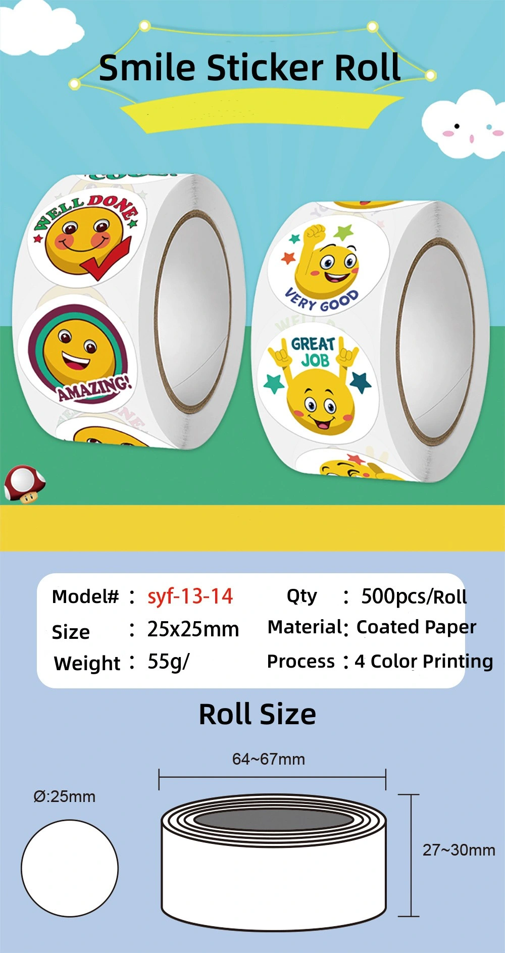 Self-Adhesive Paper Sticker Roll Reward Stickers for Teachers Motivational Incentive Stickers for Kids, 500PCS Roll 1 Inch Round Stickers 8 Smile Designs/Roll